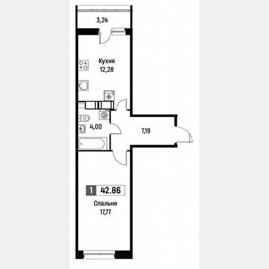 1-к. квартира, 42,9 м², 2/15 эт.