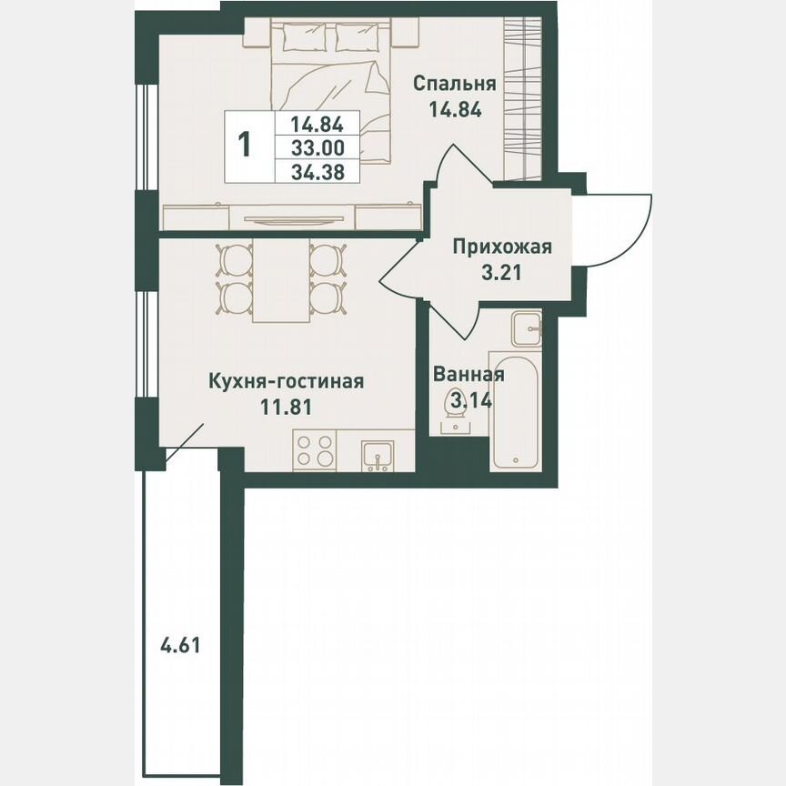 1-к. квартира, 34,4 м², 13/16 эт.