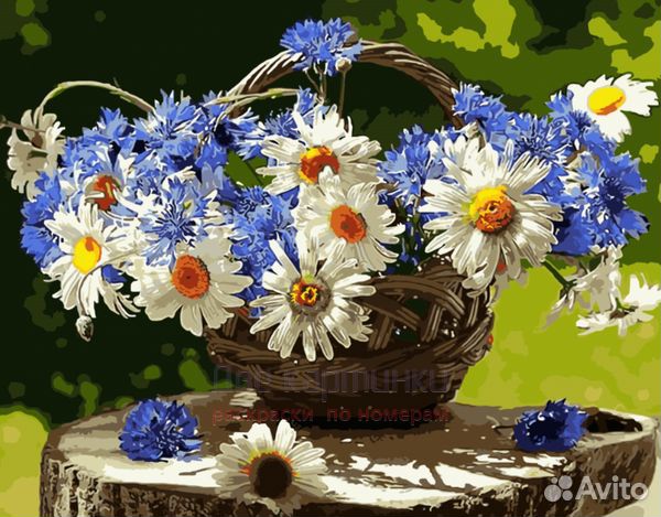 Картина по номерам 40x50 Букет ромашек и васильков