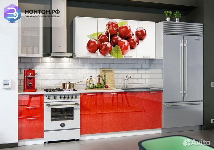 Кухня Вишня 2.0 м белый глянец / красный металлик