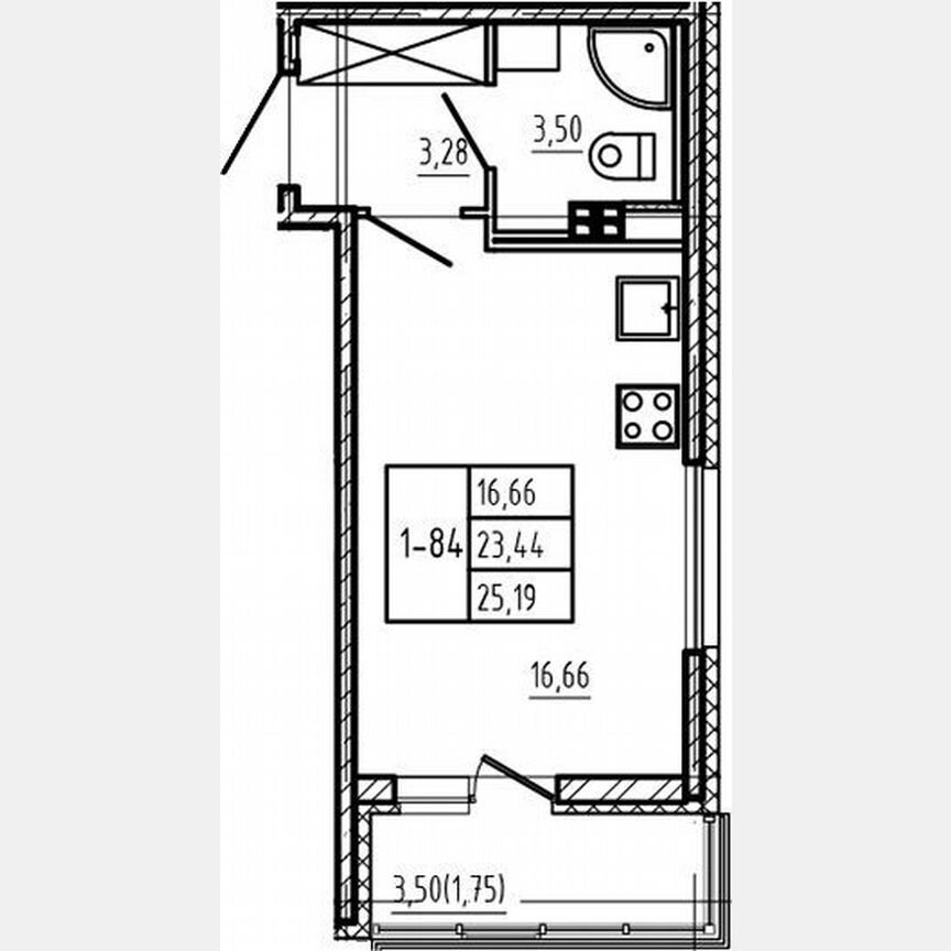 Квартира-студия, 23,4 м², 3/4 эт.