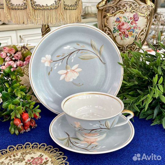 Антиквариат чайное трио Piesau серо-голубая