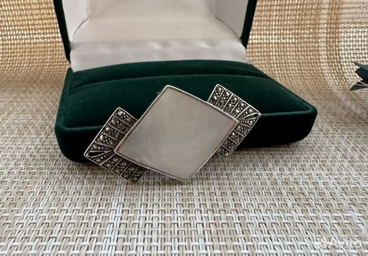 Брошь серебро 925 перламутр марказиты патина Евро