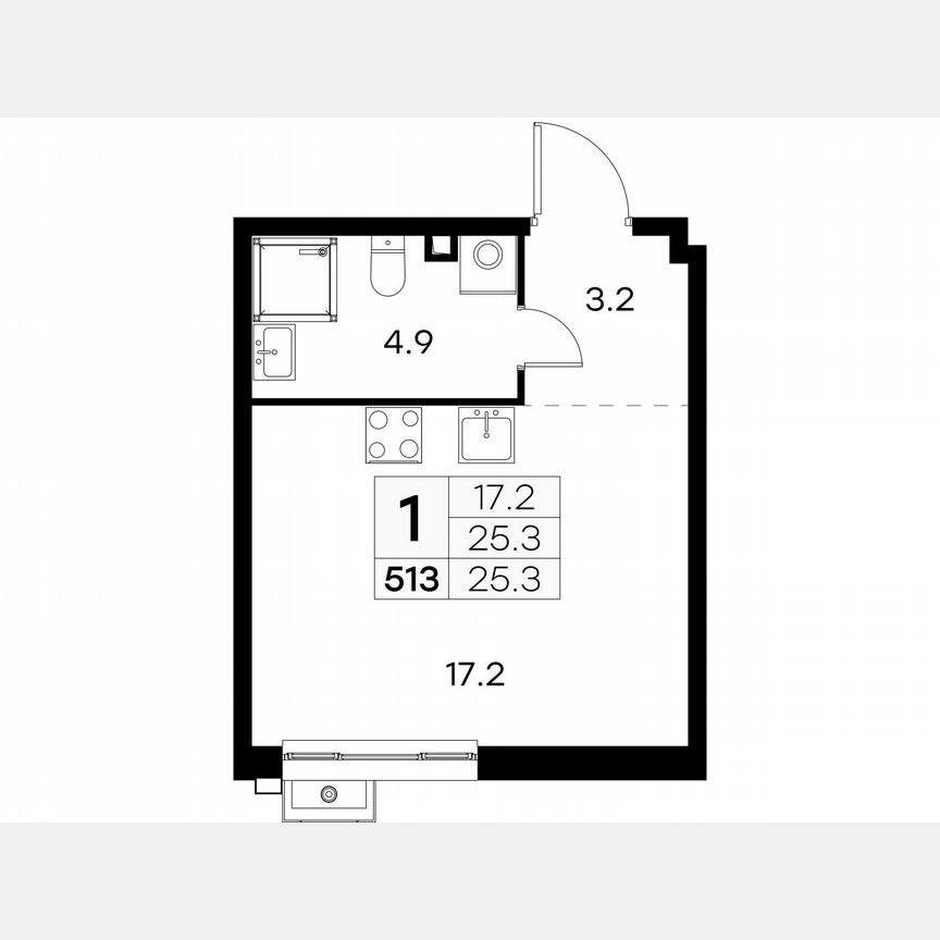 Квартира-студия, 25,3 м², 15/23 эт.