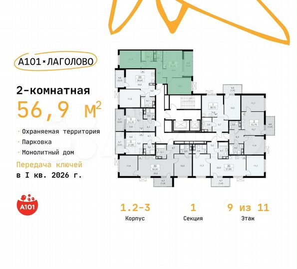 2-к. квартира, 56,9 м², 9/11 эт.