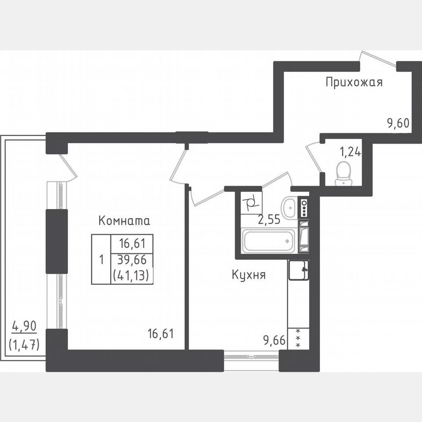 1-к. квартира, 41,1 м², 4/5 эт.