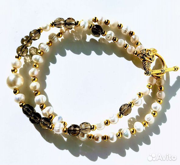Браслет из натурального жемчуга и раухтопаза