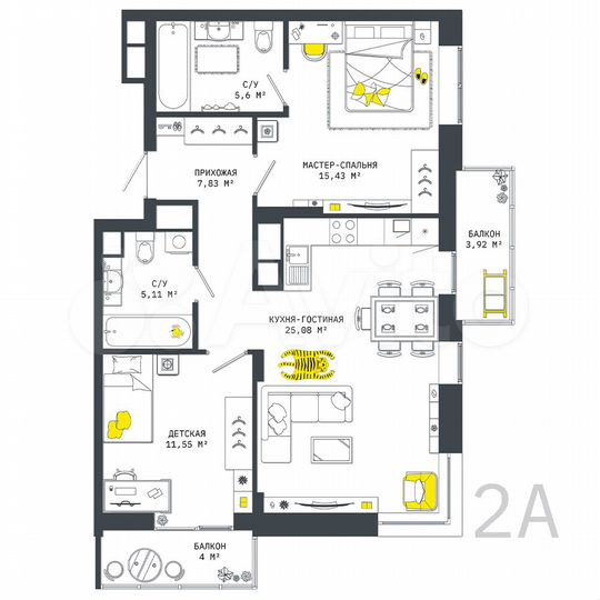 2-к. квартира, 78,5 м², 7/25 эт.
