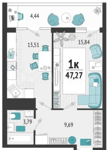1-к. квартира, 47,3 м², 8/19 эт.