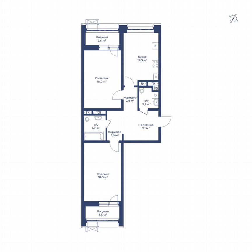 2-к. квартира, 77,4 м², 13/14 эт.