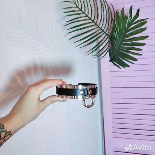 Чокер ошейник зеркальный с кольцом кожаный на вече