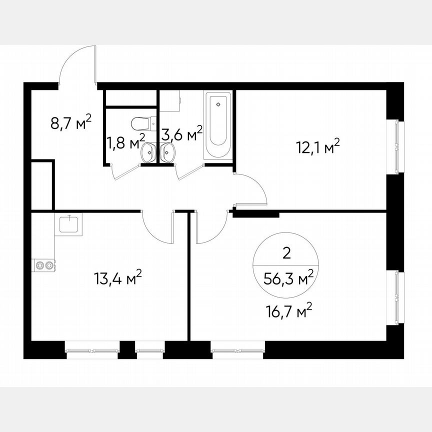 2-к. квартира, 56,3 м², 19/19 эт.