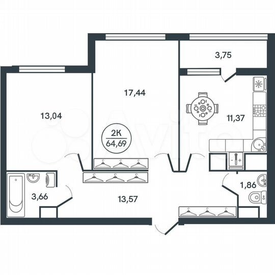 2-к. квартира, 64,7 м², 13/17 эт.