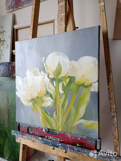 Картина маслом Белые пионы