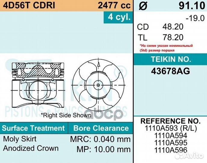 Поршень двигателя teikin 43678AG 0.50 (4шт/упак)