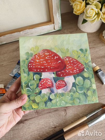 Картина с мухоморами маслом на холсте 20х20 см