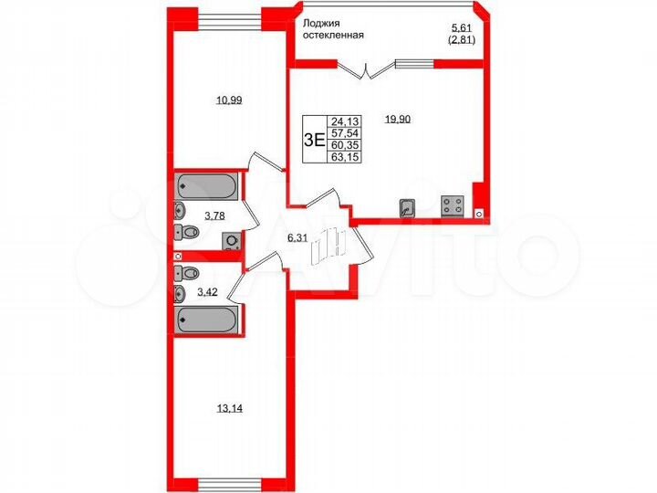 2-к. квартира, 60,4 м², 2/9 эт.