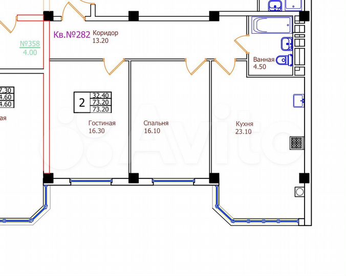 2-к. квартира, 73,2 м², 5/8 эт.