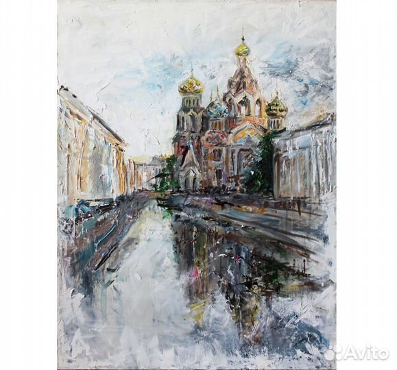Картина маслом «Дождливый Питер. Спас на крови»