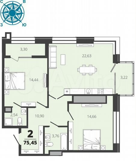 2-к. квартира, 75,5 м², 12/19 эт.