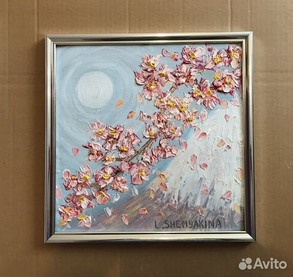 Картина маслом ветка сакуры в раме 30х30 см