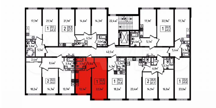 1-к. квартира, 42,6 м², 8/9 эт.