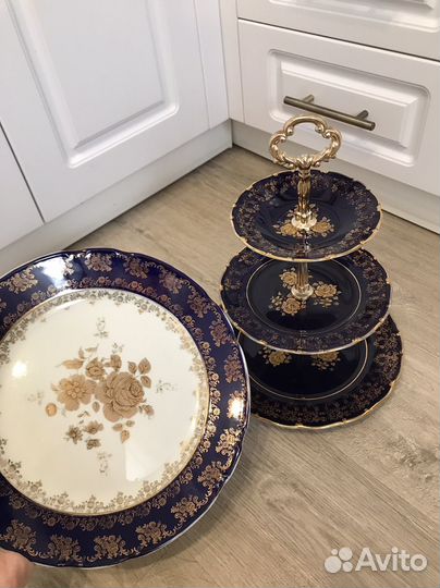 Блюдо 30см + этажерка Bohemia cobalt Чехия