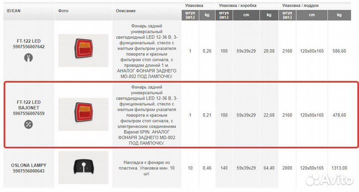 Фонарь задний на прицеп FT-122 LED мзса байонет B