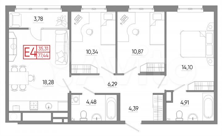 3-к. квартира, 77,4 м², 12/18 эт.