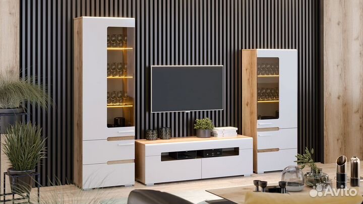 Модульная гостиная «Фьюжн» Дуб Делано/Белый глянец