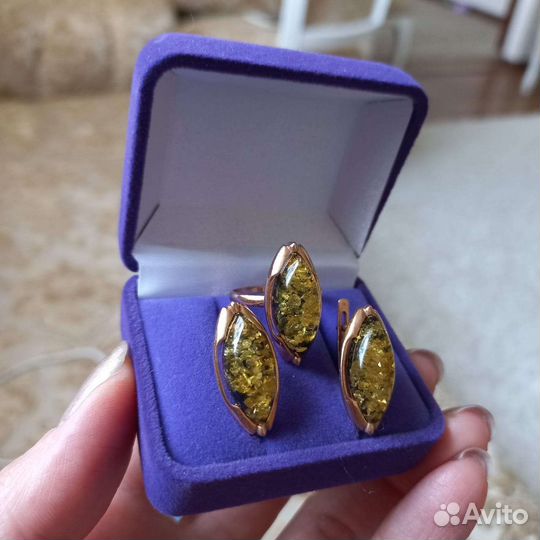 Комплект серьги и кольцо серебро Янтарь позолота