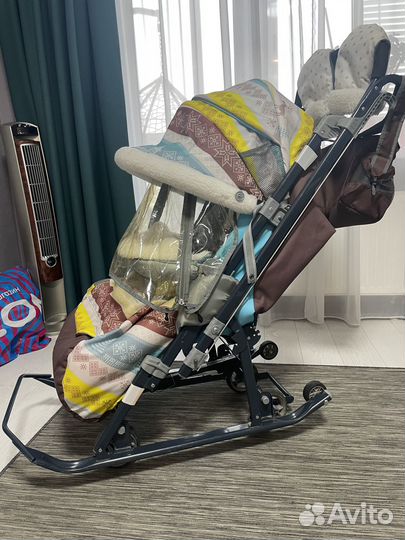 Детские зимние санки коляска на колесах