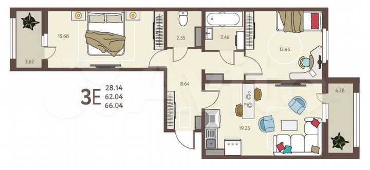 2-к. квартира, 66 м², 14/18 эт.