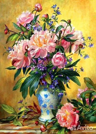 Алмазная мозаика 40x50 Летний букет с пионами в бе