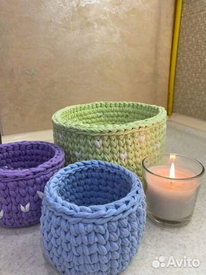 Вязаные корзинки для интерьера из трикотажки