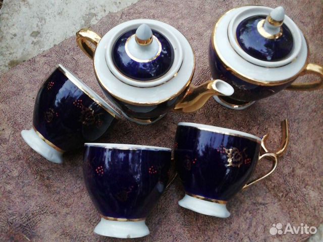 Заварник, чашки, фарфор, кобальт