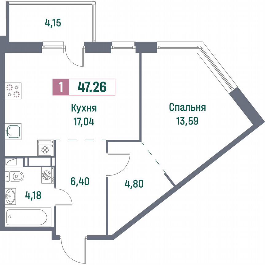 1-к. квартира, 47,3 м², 6/16 эт.