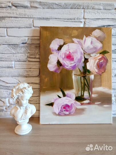 Цветы в вазе розы картина маслом 30 х 40 см