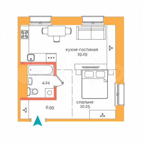 1-к. квартира, 40,8 м², 2/9 эт.
