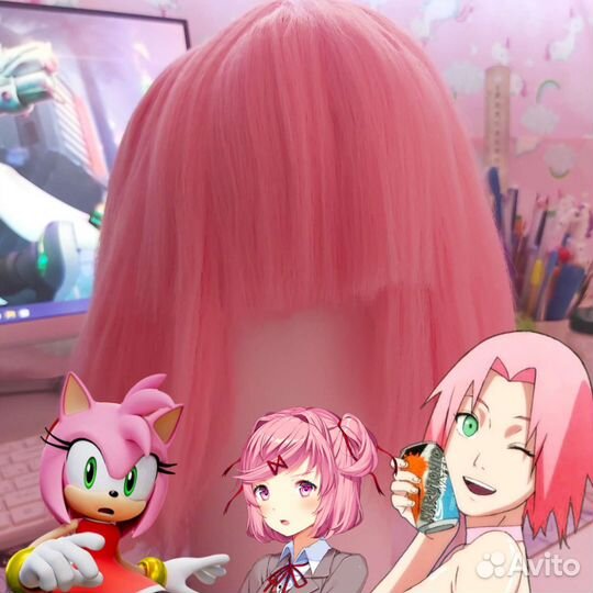 Короткий розовый парик для косплея