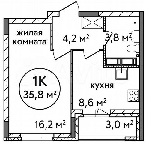1-к. квартира, 35,8 м², 15/19 эт.