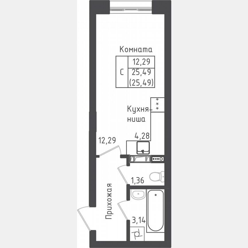Квартира-студия, 25,5 м², 2/5 эт.