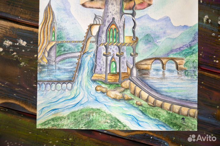 Картина акварелью Лесной пейзаж с грибом