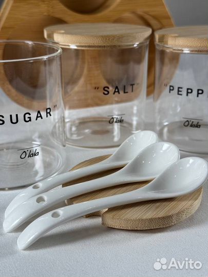 Стеклянные, деревяные баночки - сахар, соль, перец