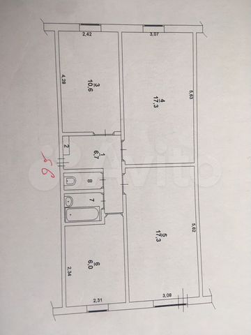3-к. квартира, 62 м², 2/5 эт.