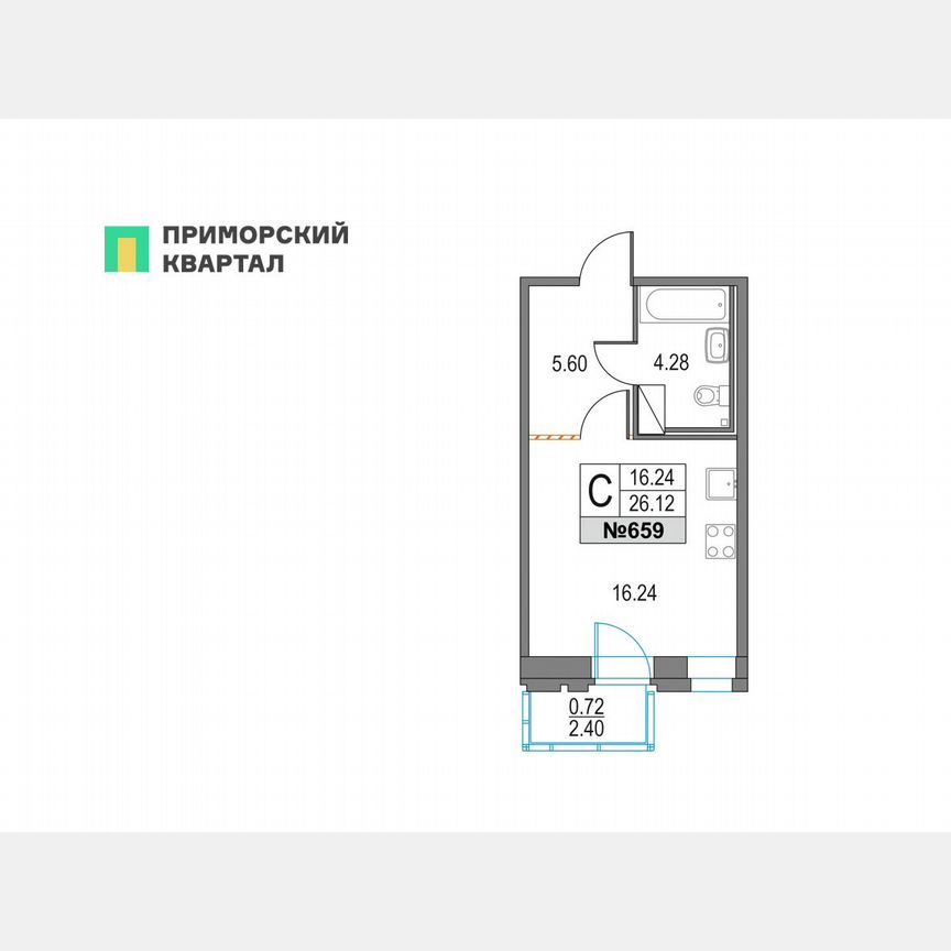 Квартира-студия, 26,1 м², 12/25 эт.