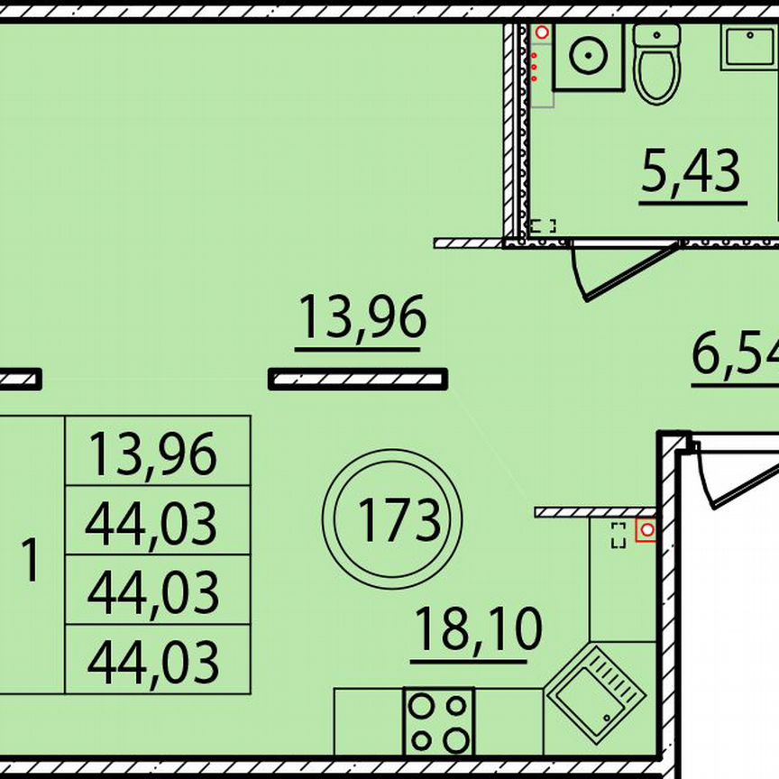 1-к. квартира, 44 м², 1/4 эт.