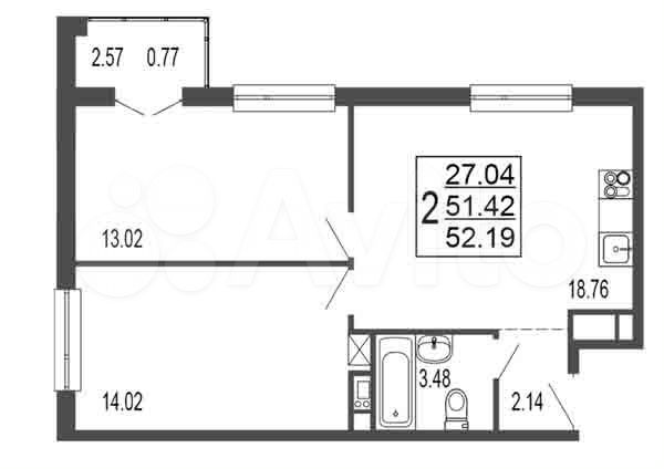 2-к. квартира, 51,4 м², 11/17 эт.