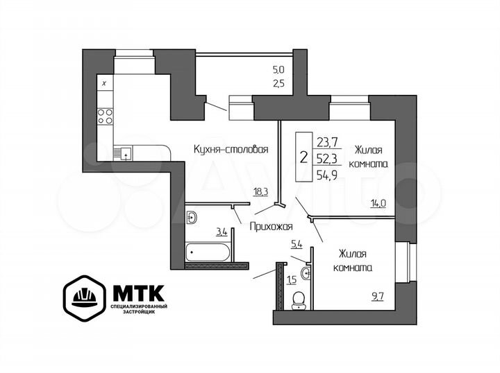 2-к. квартира, 54,9 м², 6/8 эт.