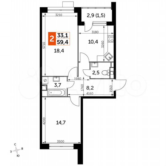 2-к. квартира, 59,4 м², 2/17 эт.